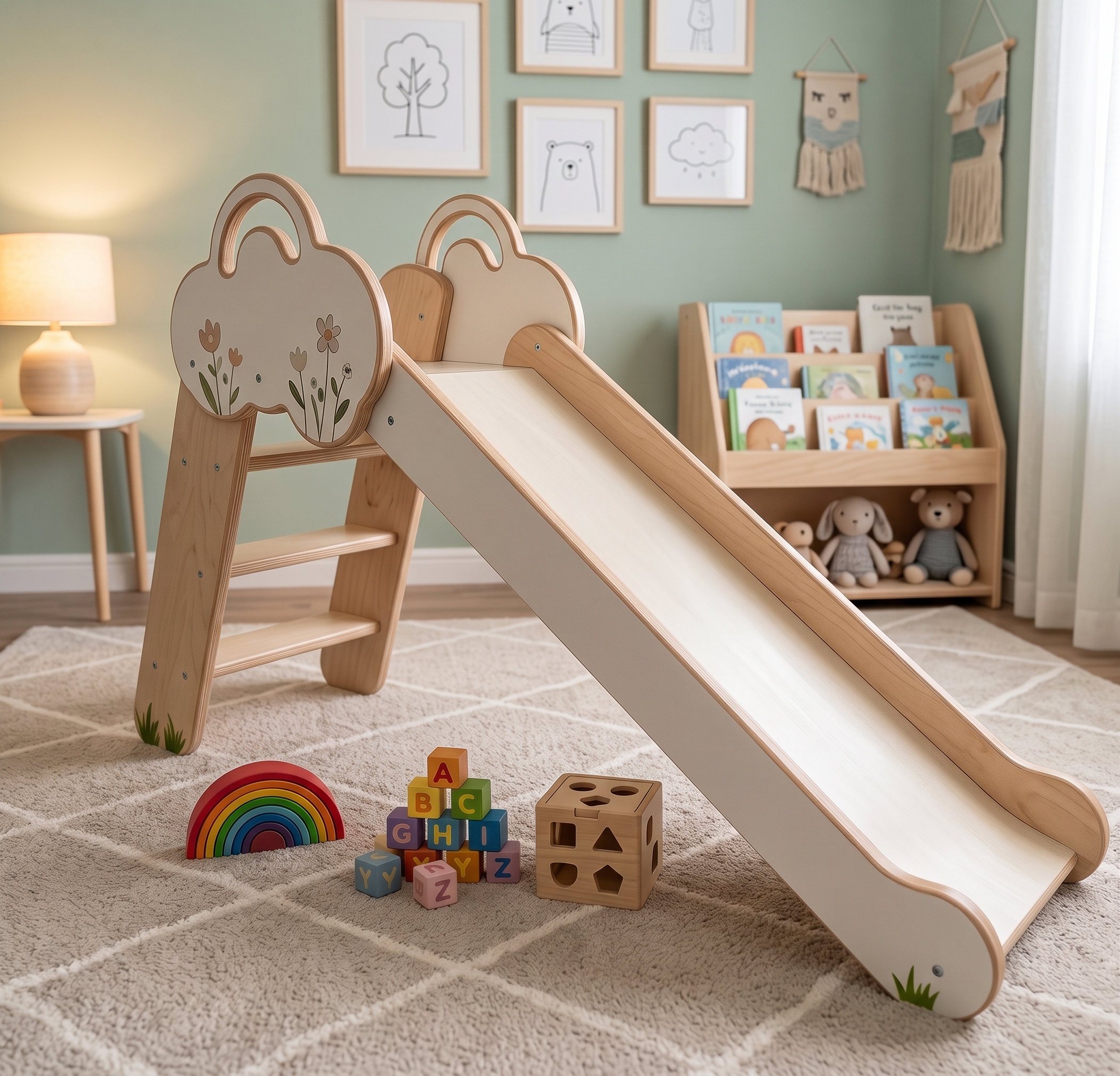 Protótipo de escorregador infantil em MDF, representando matéria e design.